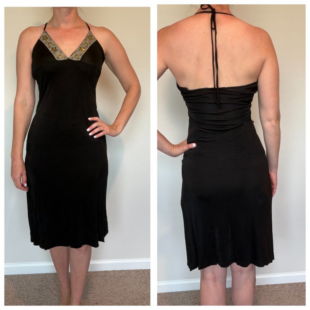 Vintage Moschino Jeans Black Open Back Dress Embellished Halter Sz XS S 8